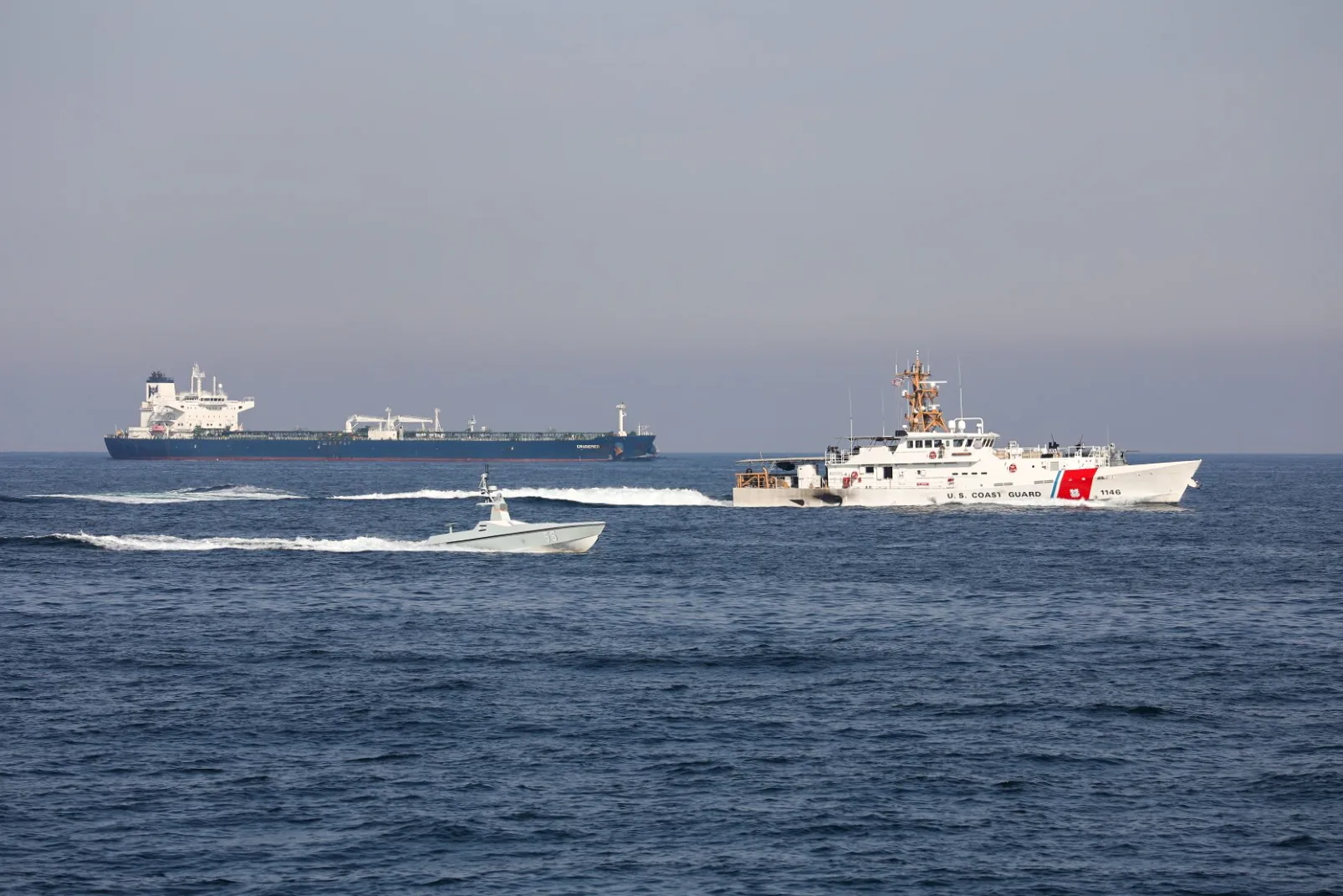 Strait of Hormuz — USCGC John Scheuerman (WPC-1146) transits the waterway alongside an L3Harris Arabian Fox MAST-13 unmanned surface vessel, April 19, 2023. Photo credit: Information Systems Technician 1st Class Vincent Aguirre.
